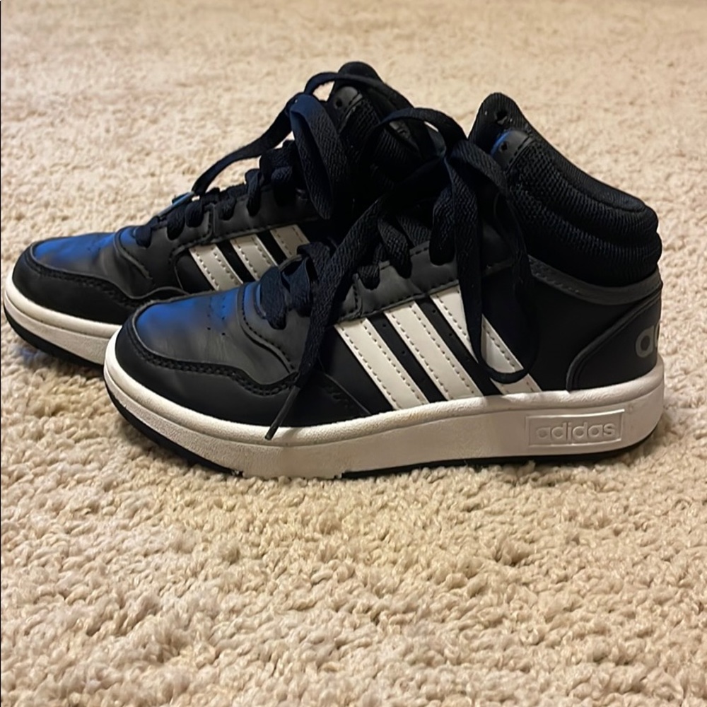 Gently worn hi-top BLK/WHT Adidas size 12k